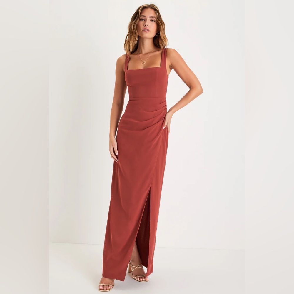 Lulus Glamorous Disposition Rust Ruched Maxi Dress